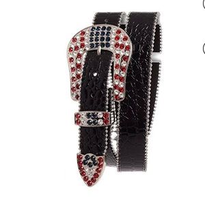 Nomad Creek Women's US Flag Colored Rhinestone Studded Buckle Leather Black Belt